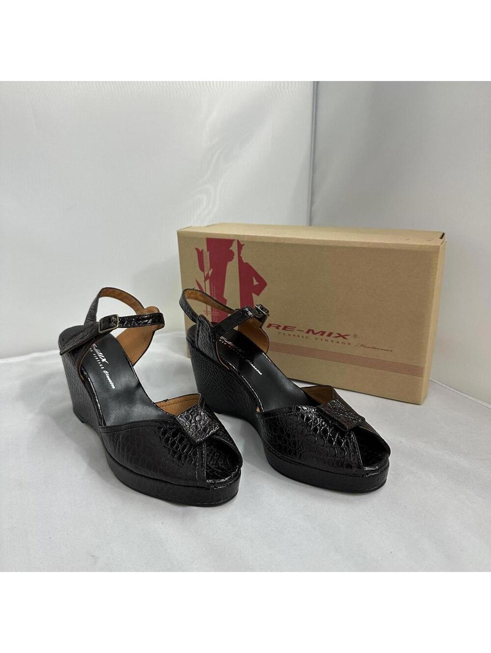 Re-Mix Brown Croc-Embossed Leather Wedge Sandals(10)